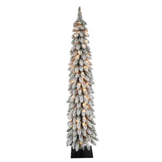 6 Pack: 5ft. Flocked Pencil Alpine Artificial Christmas Tree, Clear Lights